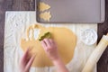 WomanÃ¢â¬â¢s hands cutting out Christmas tree sugar cookies, pastry cloth, cookie sheet Royalty Free Stock Photo